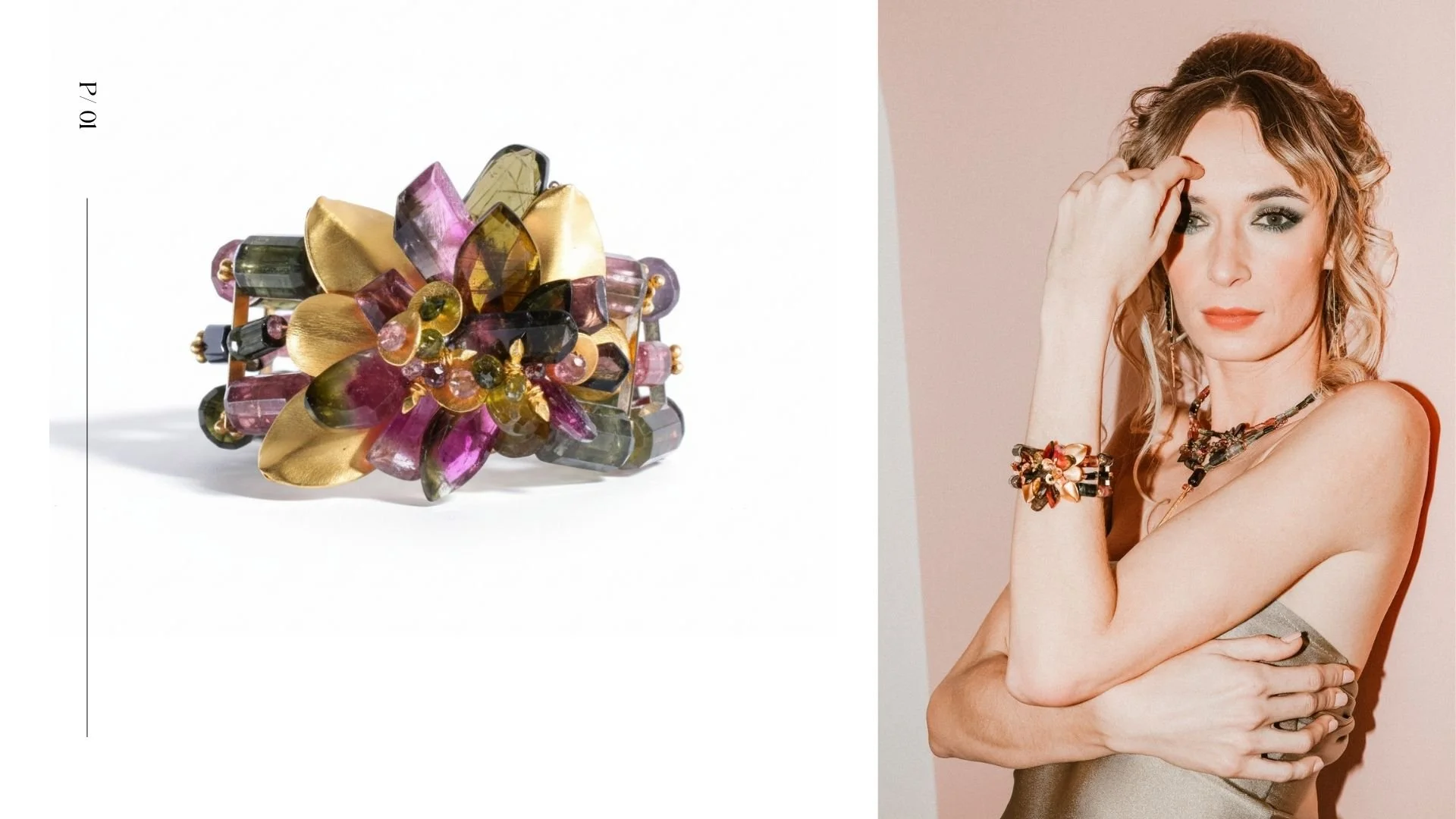 Orenda editorial featuring a model wearing sculptural gemstone jewelry beside a close-up of a gold, purple, and green statement cuff.