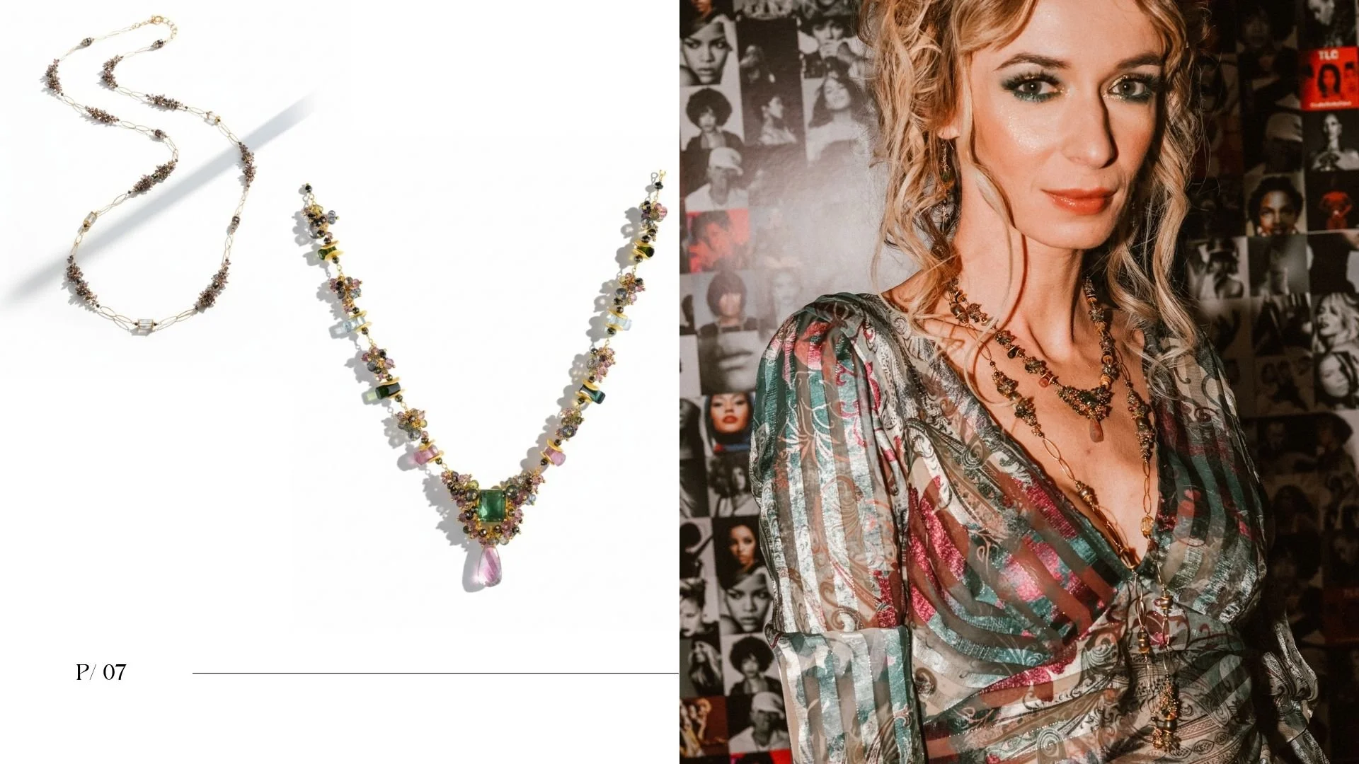 Orenda editorial featuring a model layered in tourmaline necklaces beside close-ups of multicolor gemstone designs on gold chains.