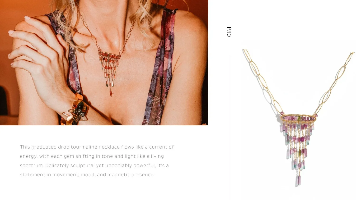 Orenda editorial featuring a model in a multicolor tourmaline fringe necklace beside a full product view on a gold link chain.