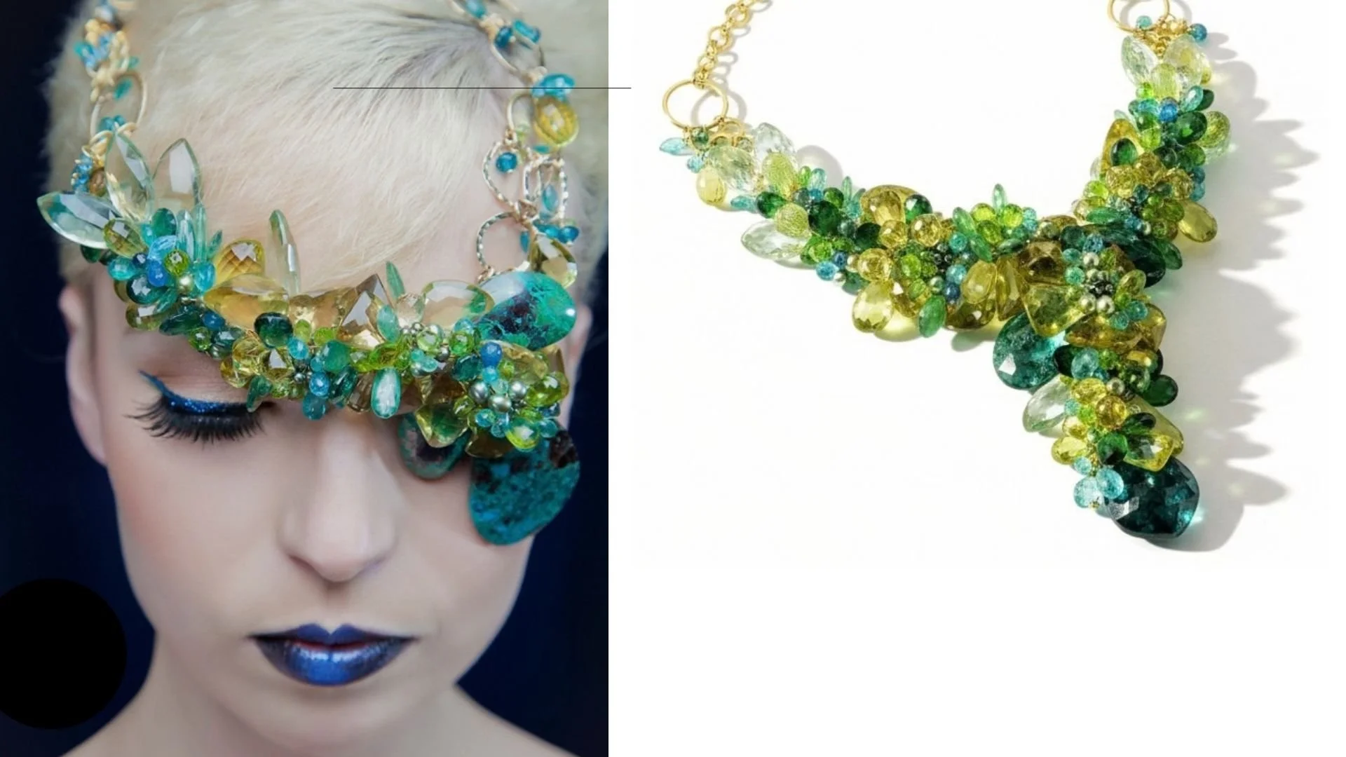 Editorial image of a platinum-haired model wearing a vibrant green, blue, and yellow gemstone face piece beside the matching necklace.