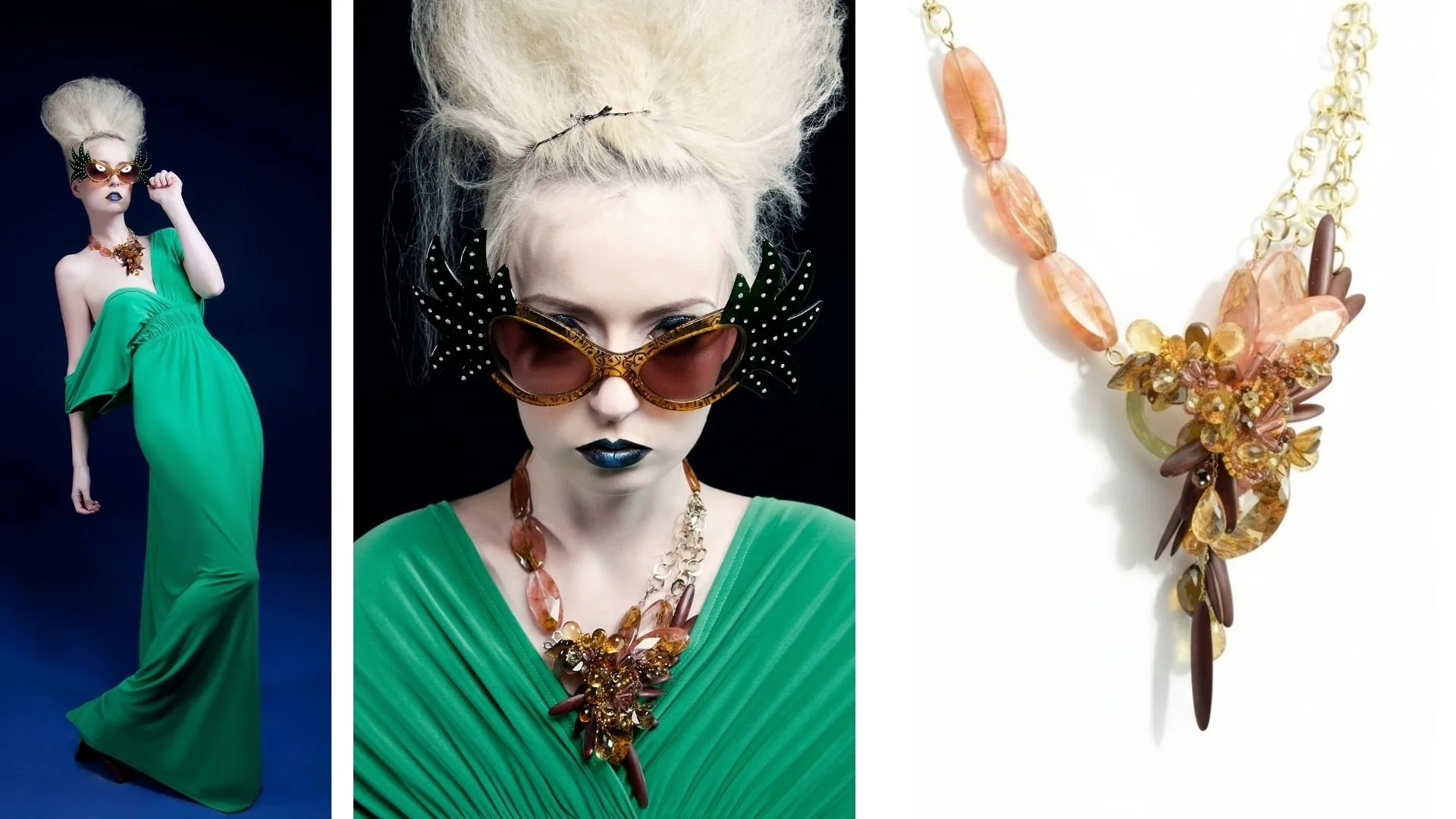 Fashion triptych featuring a model in a green gown and oversized sunglasses beside a close-up of an amber and gold statement necklace.