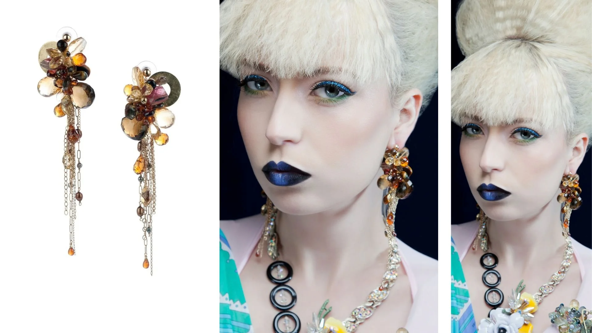 Fashion spread featuring a blonde model with bold blue makeup and amber crystal earrings beside a close-up of the dangling design.
