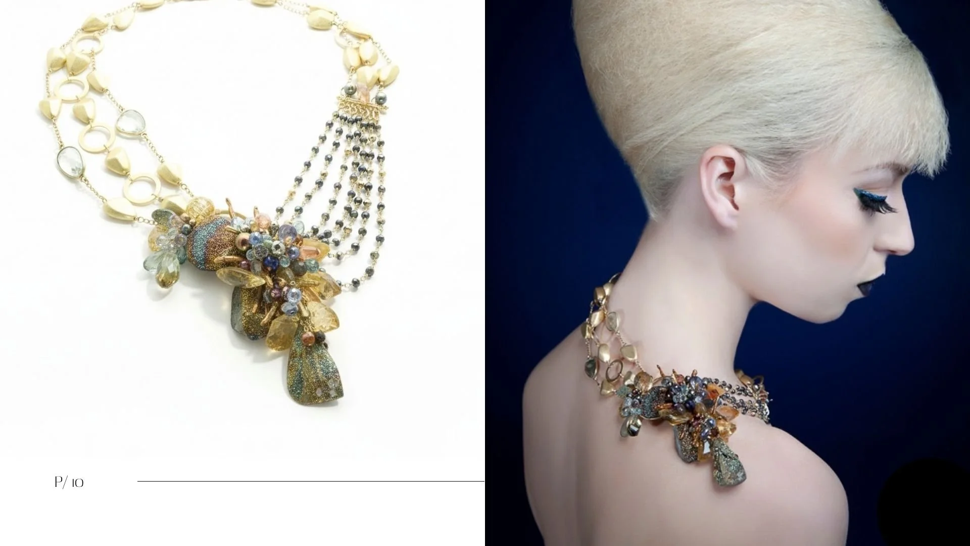 Editorial spread featuring a platinum-haired model wearing an ornate gold, crystal, and gemstone statement necklace beside a product close-up.