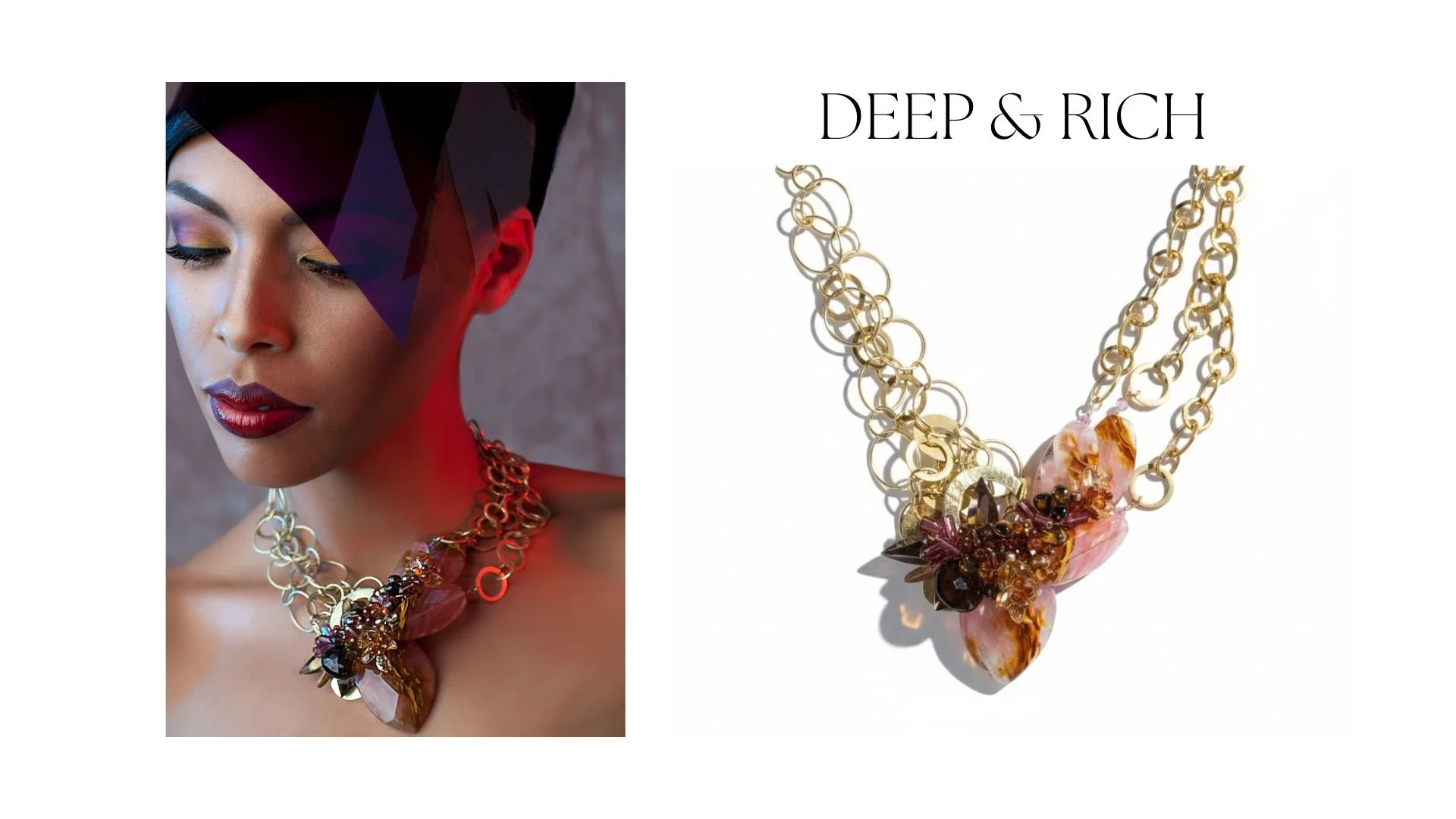 Translucence editorial featuring a model wearing a layered gold necklace with amber, pink, and smoky gemstone clusters beside a product close-up.