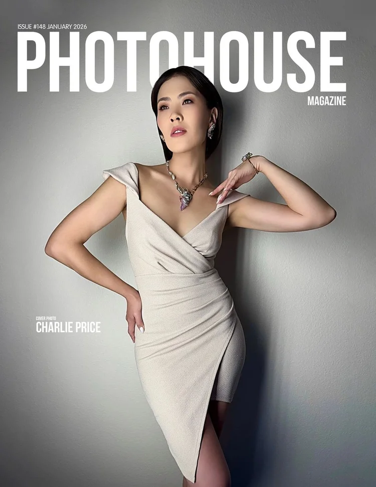 PHOTOHOUSE Magazine cover, Issue #148, January 2026, cover photo by Charlie Price: a model in an ivory wrap dress wearing an Andrea Li gemstone pendant necklace and earrings