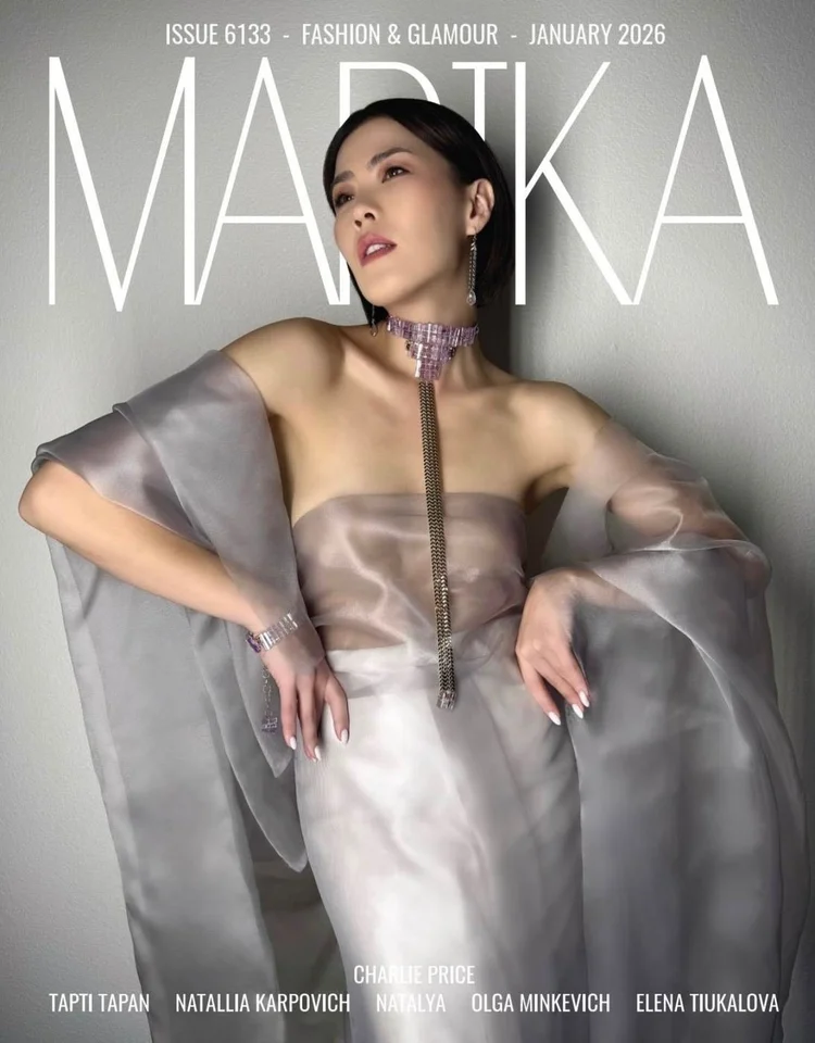 MARIKA Magazine cover, Issue 6133, Fashion and Glamour, January 2026, photo by Charlie Price: the same model in gray organza wearing an Andrea Li lavender gemstone choker with a long chain drop