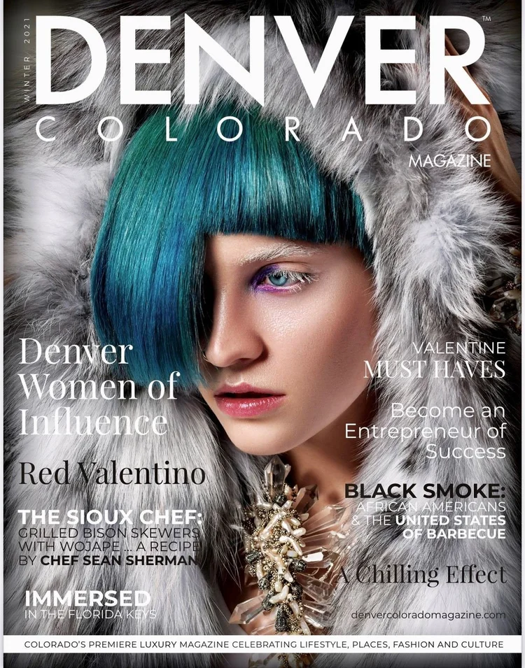 Denver Colorado Magazine cover, Winter 2021, A Chilling Effect: a model with a teal bob in a gray fur hood wearing an Andrea Li quartz cluster necklace