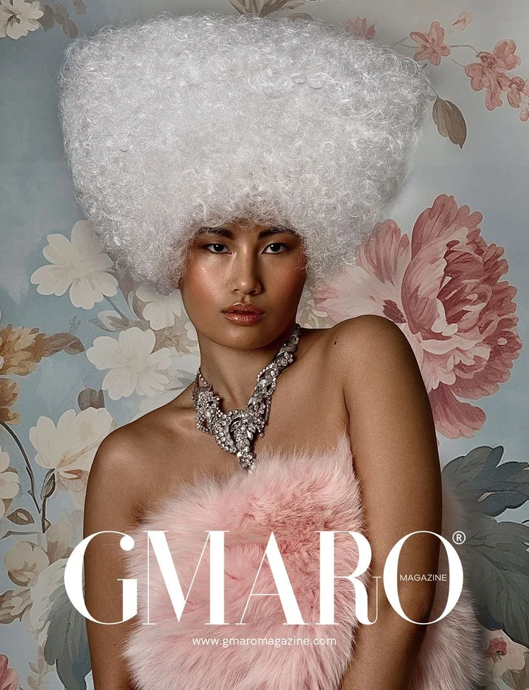 GMARO Magazine cover: a model in a white curly wig and pink fur wearing an Andrea Li crystal statement necklace
