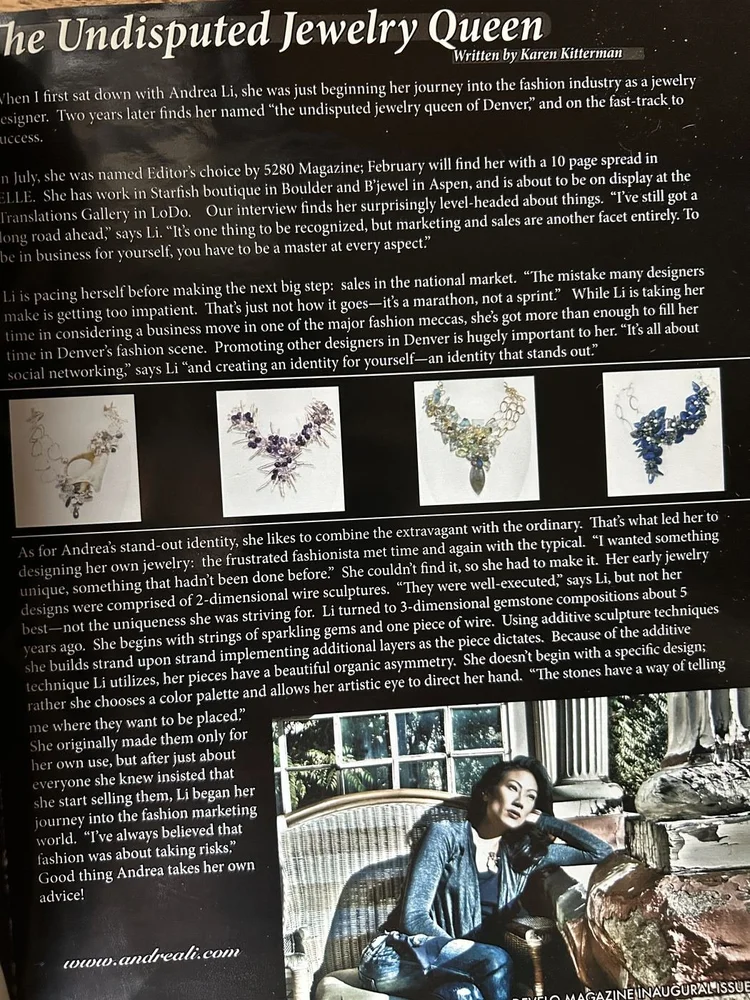 DeVelo spread, The Undisputed Jewelry Queen by Karen Kitterman, with four Andrea Li necklace photos and a portrait