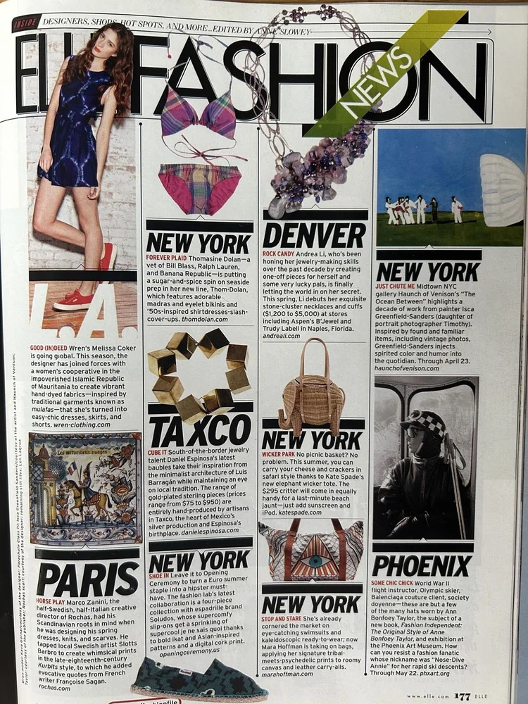 ELLE US, April 2011, page 177, ELLE Fashion News: the Denver item Rock Candy on Andrea Li, with her purple stone-cluster necklace