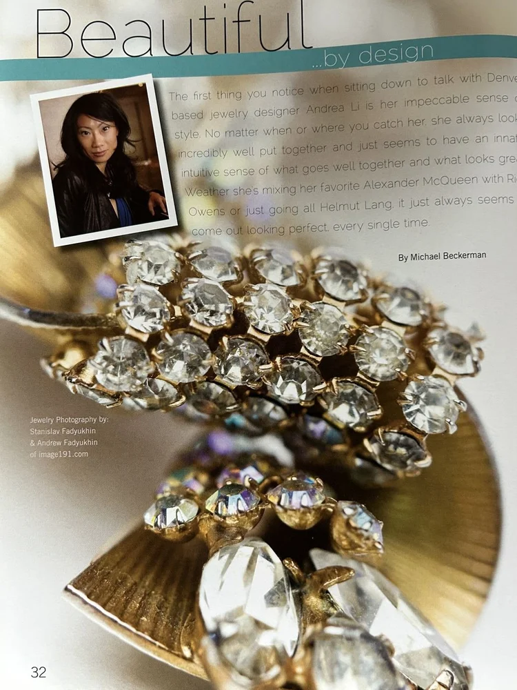 FLAIR page 32: profile opener Beautiful by design by Michael Beckerman, with a portrait of Andrea Li and a rhinestone brooch necklace