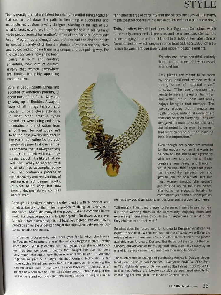FLAIR page 33: the profile continued, a gold necklace on a bust