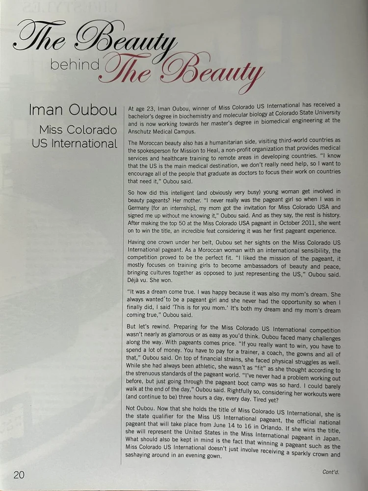 FLAIR page 20: The Beauty behind The Beauty, Iman Oubou, Miss Colorado US International