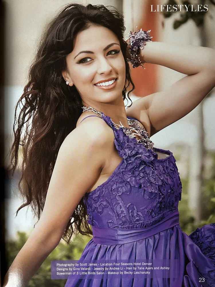 FLAIR page 23: Iman Oubou in a purple gown with an Andrea Li cluster cuff