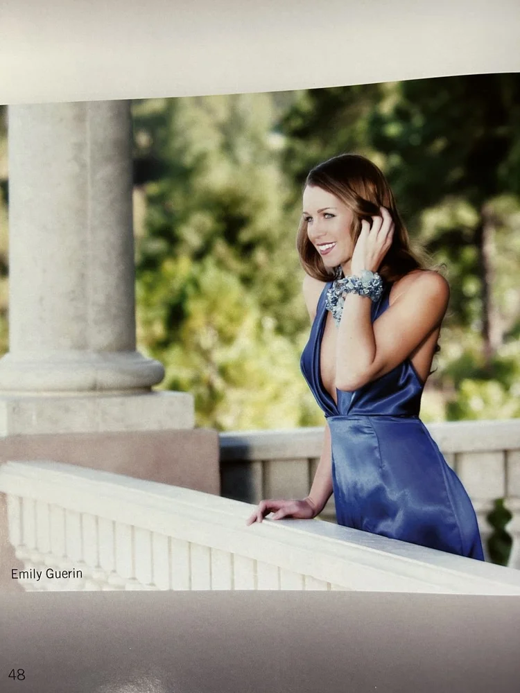 LUXZIO page 48: Emily Guerin in a blue gown with an Andrea Li cuff