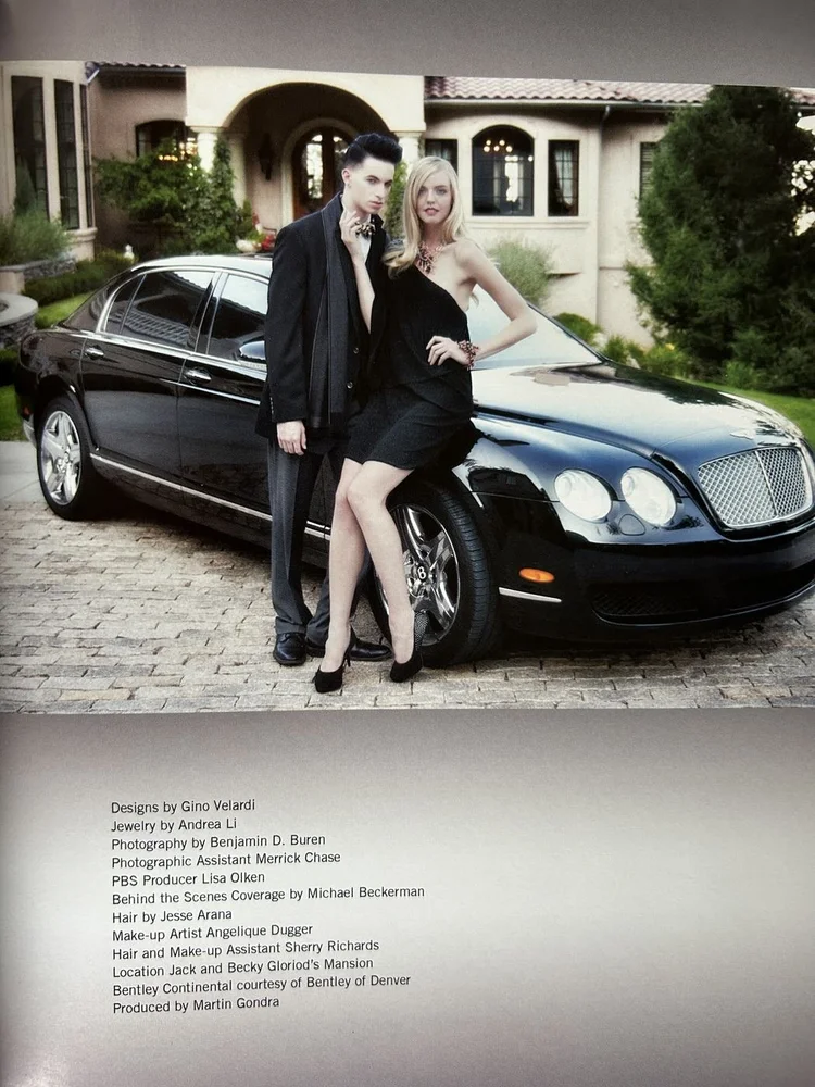 LUXZIO page 49: a couple beside a Bentley, with the printed credits Jewelry by Andrea Li
