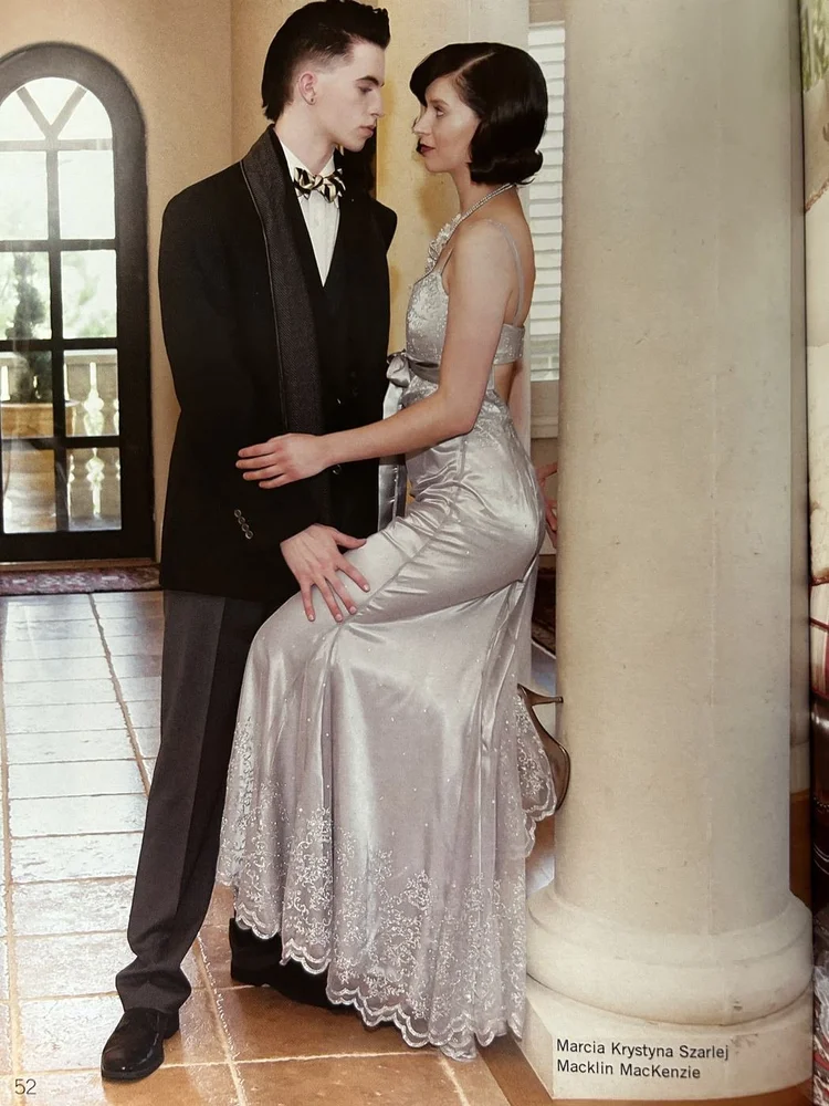 LUXZIO page 52: Marcia Krystyna Szarlej in a silver gown with Macklin MacKenzie