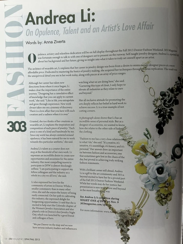 303 Magazine page 18: Andrea Li: On Opulence, Talent and an Artist's Love Affair, with a floral statement necklace