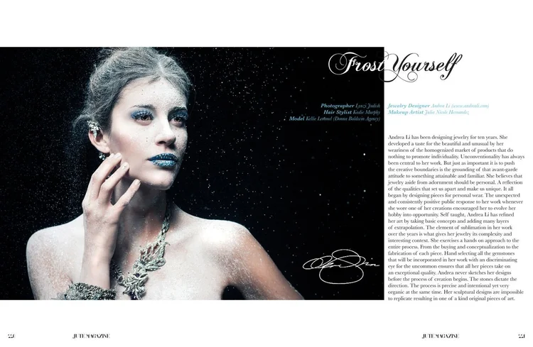 Jute Magazine pages 220 and 221: the Frost Yourself opener, a model dusted in frost with blue glitter lips wearing an Andrea Li crystal necklace, beside a profile of Andrea Li