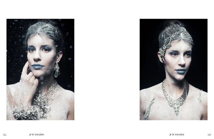 Jute Magazine spread: the frosted model with a hand at her face, Andrea Li crystal earring and necklace
