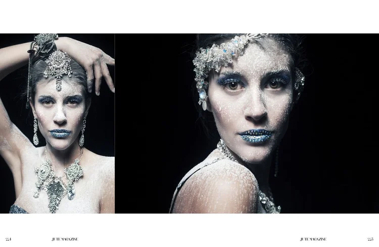 Jute Magazine spread: three frosted portraits with Andrea Li crystal headpieces and necklaces