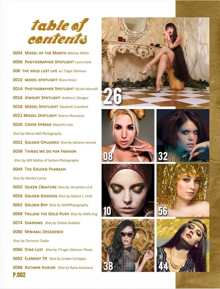 Kirameki #15 table of contents listing Photographer Spotlight Nicole Marcelli and Jewelry Spotlight Andrea Li Designs