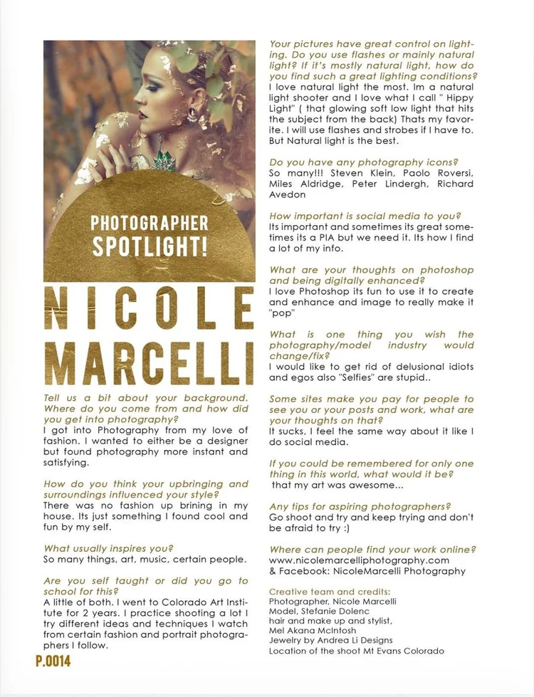 Kirameki #15 page 14: Photographer Spotlight Nicole Marcelli, a gold-leaf model, with the creative team credits