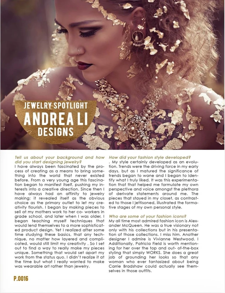 Kirameki #15 page 16: Jewelry Spotlight, Andrea Li Designs, Q and A opener with a gold-leaf image