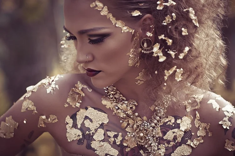 Close view: gold leaf across the model's shoulders and hair, an Andrea Li gold and pearl necklace
