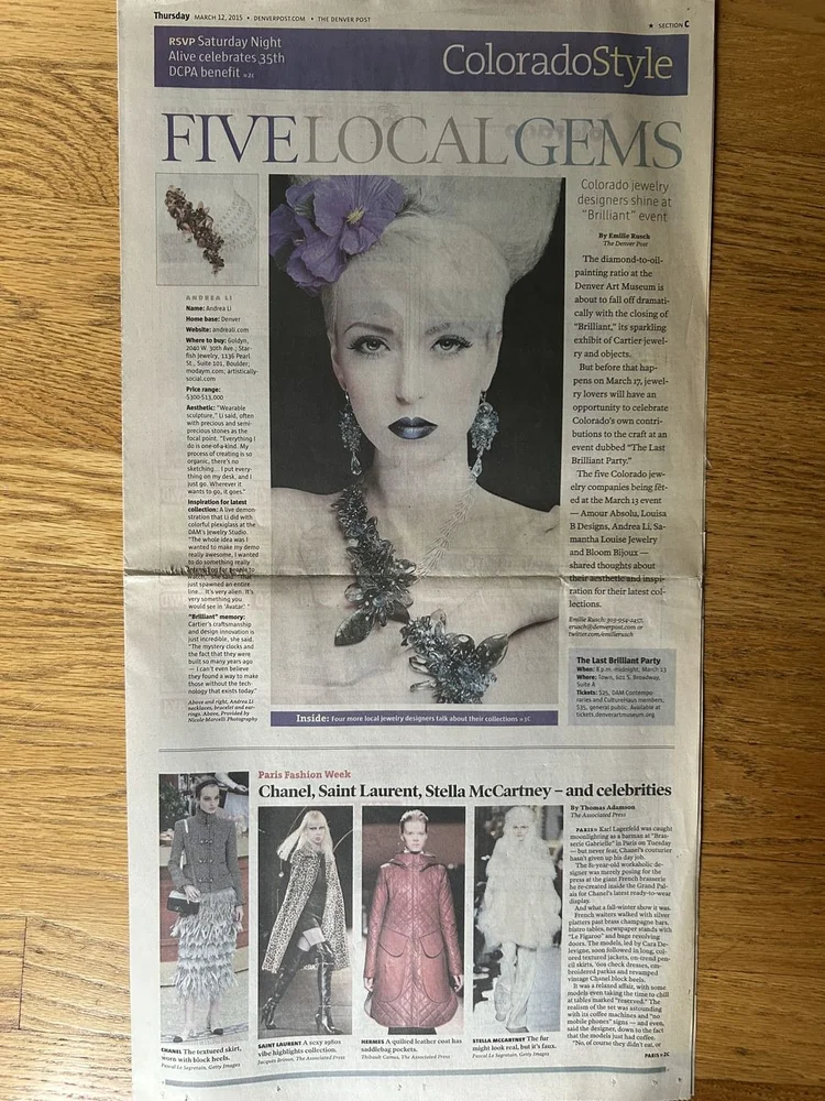 The Denver Post, Thursday, March 12, 2015, ColoradoStyle section front: Five Local Gems, with a model in an Andrea Li blue crystal cluster necklace and earrings