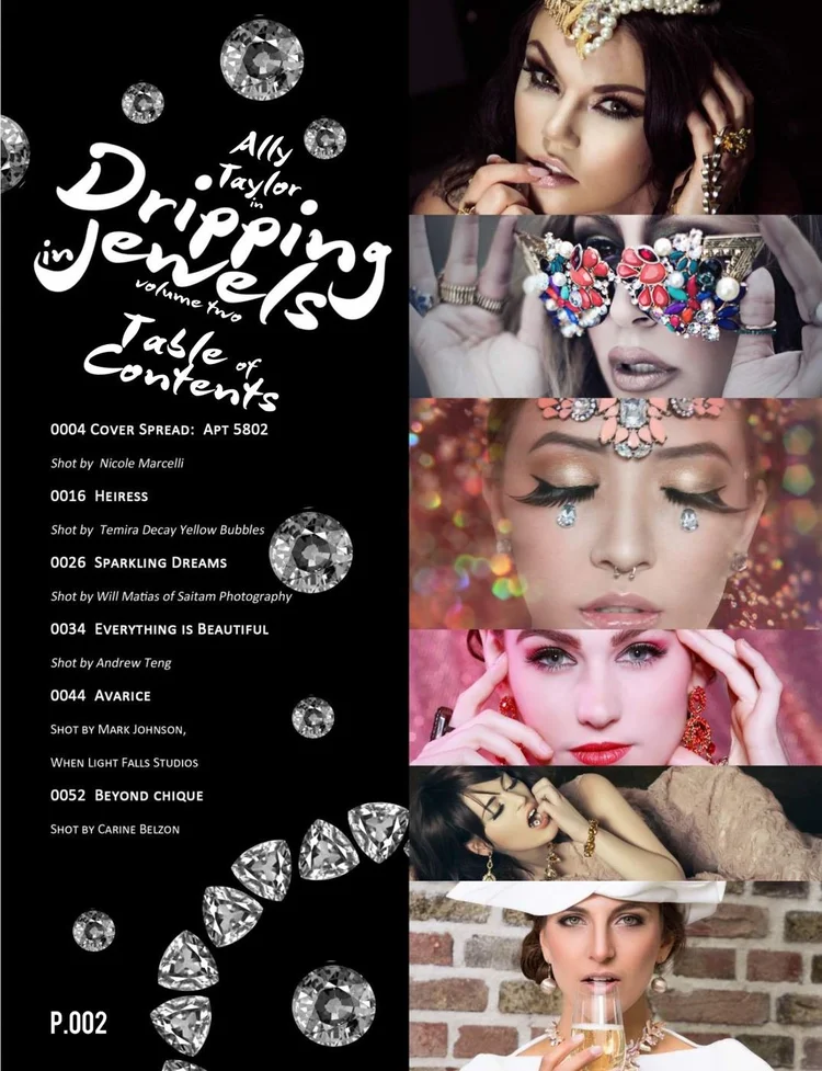Kirameki Dripping in Jewels volume two contents page listing the Apt 5802 cover spread shot by Nicole Marcelli