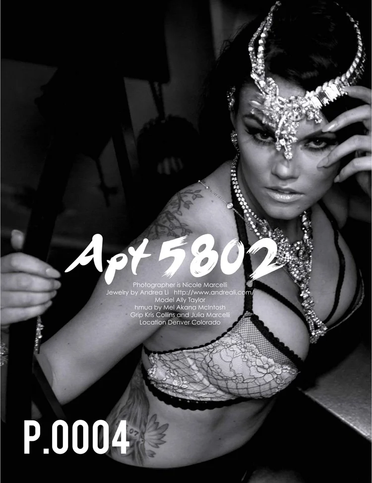 Apt 5802 opener, p. 4: Ally Taylor in a crystal headpiece and layered Andrea Li necklaces, with the printed credits
