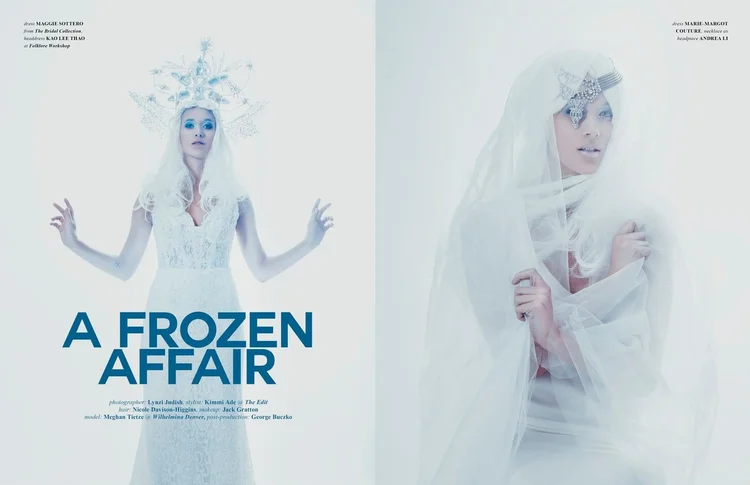 A Frozen Affair opener spread: a model in a white lace gown and crystal headdress, and a veiled model wearing an Andrea Li headpiece