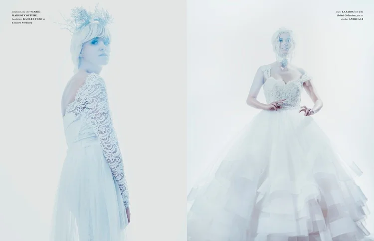 A Frozen Affair spread: a model in white lace and a model in a ball gown wearing an Andrea Li pin as a choker