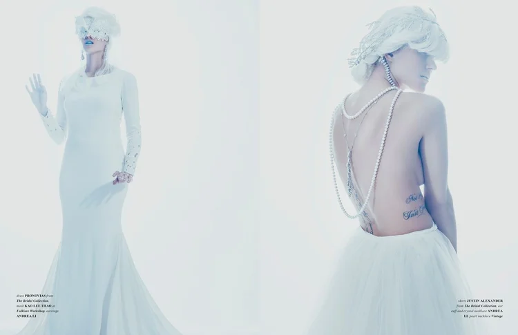 A Frozen Affair spread: a masked model in a white gown with Andrea Li earrings, and a back view with an Andrea Li pearl back necklace