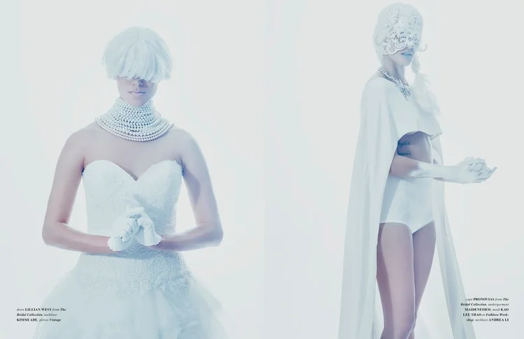 A Frozen Affair spread: a pearl collar with a strapless gown, and a caped model wearing an Andrea Li necklace