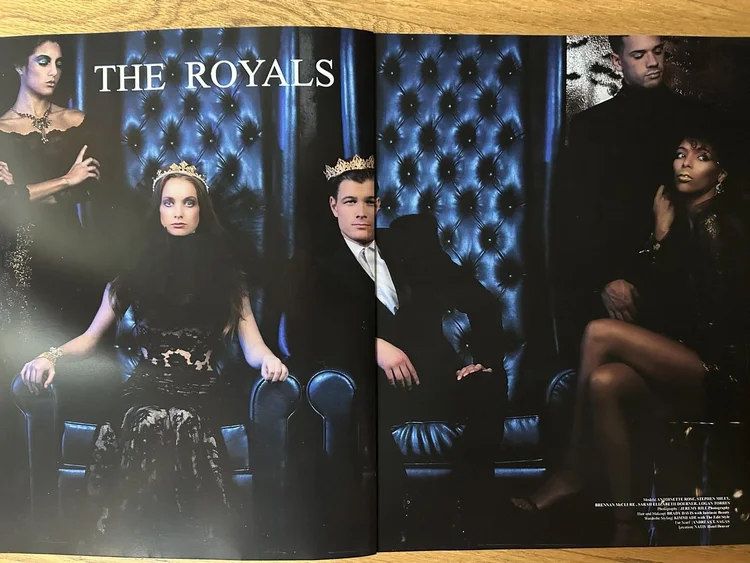 DGARAY spread, The Royals opener: five crowned models on a blue tufted throne set, with the credits