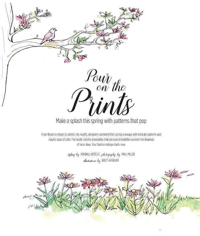 Denver Life page 62, Pour on the Prints opener with watercolor flowers