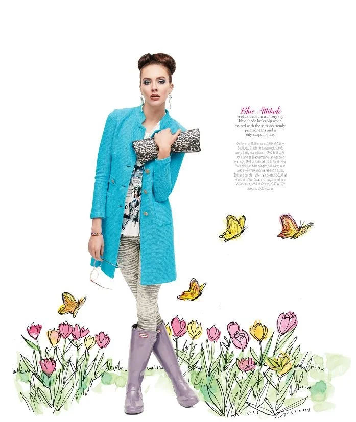 Denver Life page 65, Blue Attitude look in a turquoise coat, with Andrea Li aquamarine drop earrings