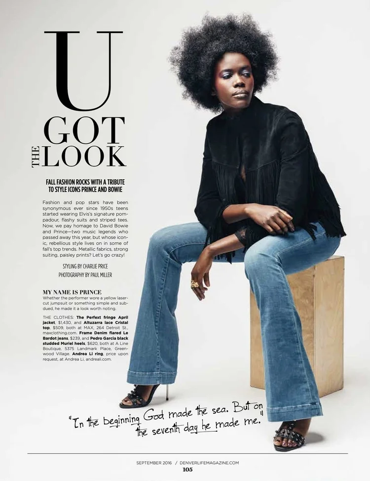 U Got The Look opener, page 105: My Name Is Prince, a model in a black fringe jacket and flared jeans