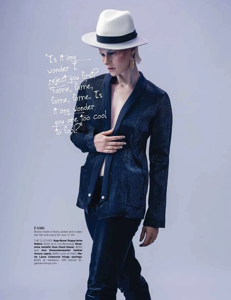 Page 106, Fame: a model in a white fedora and navy jacket