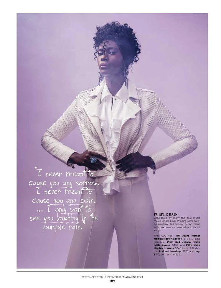 Page 107, Purple Rain: a model in a white ruffled suit on a lilac ground