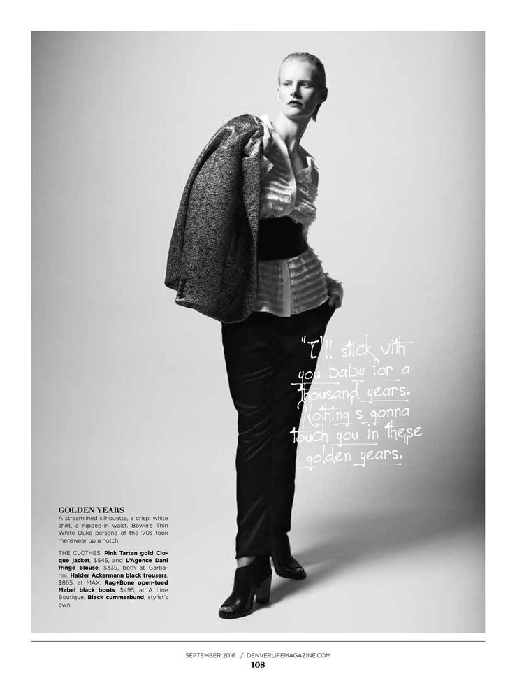 Page 108, Golden Years: a model in a striped jacket and black trousers