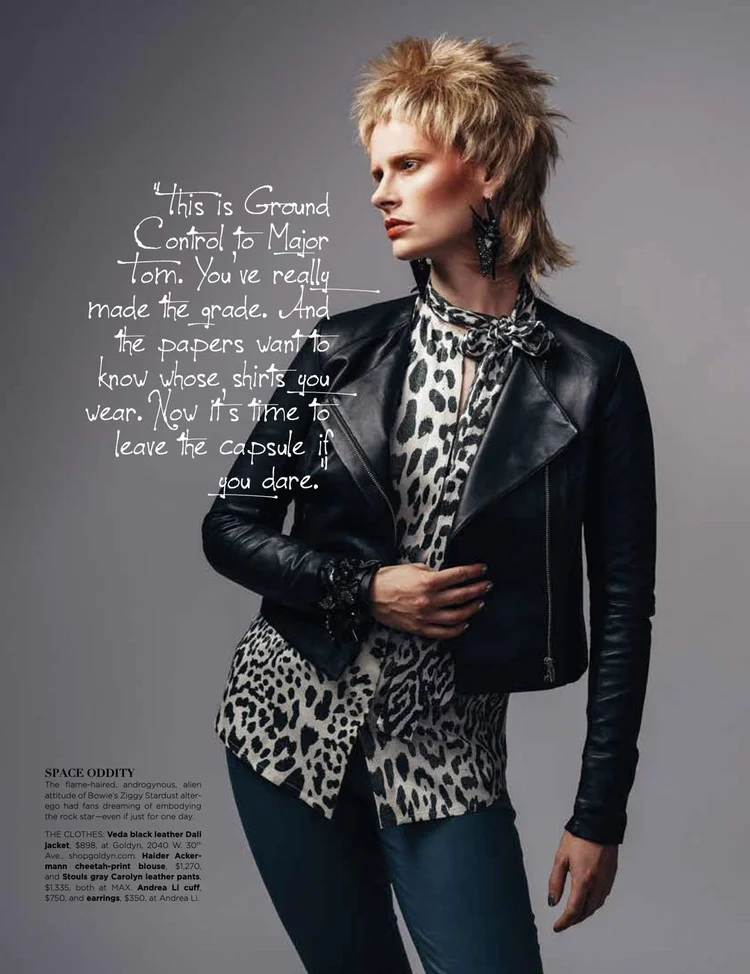 Page 110, Space Oddity: a model in a leather jacket and leopard blouse