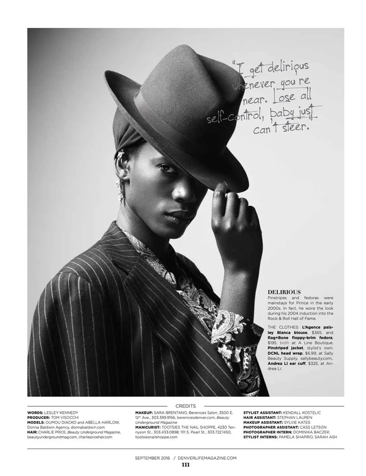 Page 111, Delirious: a model in a pinstriped jacket and fedora, with the credits