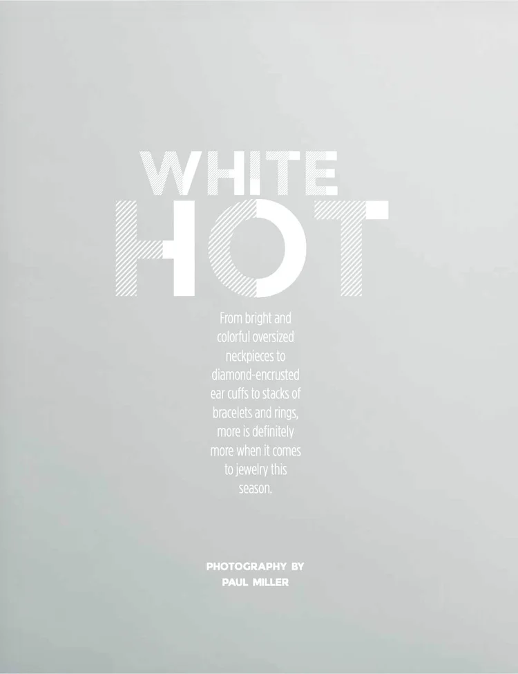 White Hot opener: white type on a pale gray page, Photography by Paul Miller