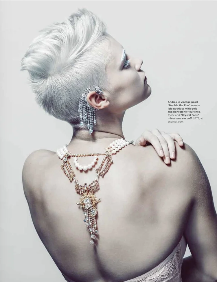 White Hot page: a back view with the Andrea Li Double the Fun pearl necklace worn down the back and the Crystal Falls ear cuff