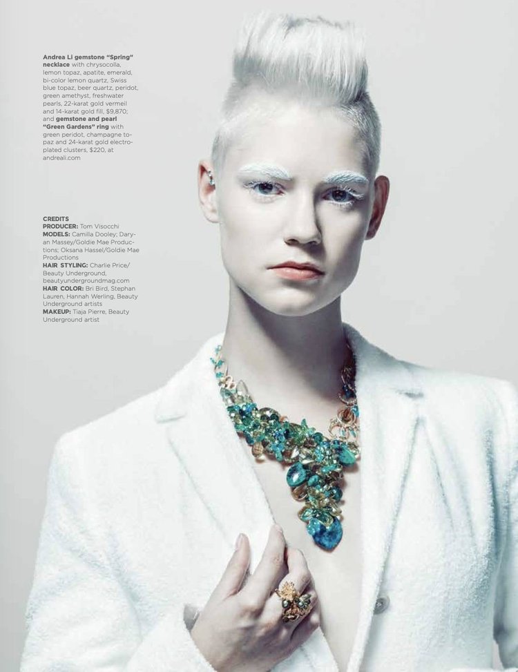 White Hot page: a model in a white jacket wearing the Andrea Li Spring necklace and Green Gardens ring, with the credits