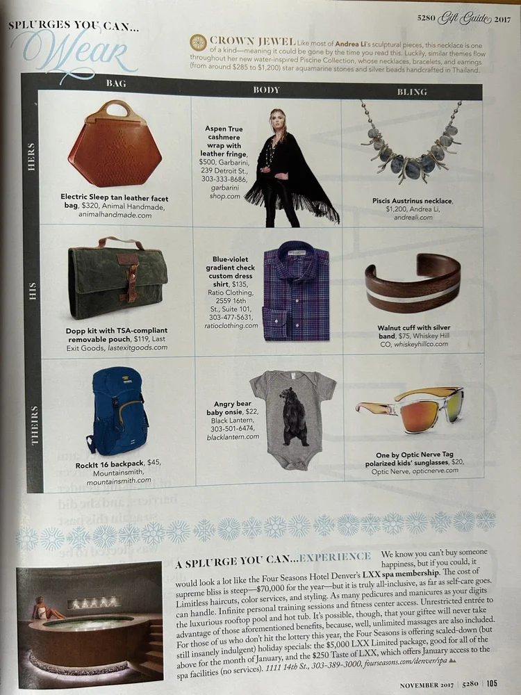 5280 Magazine, November 2017, page 105, Gift Guide 2017: the Crown Jewel item with the Andrea Li Piscis Austrinus necklace