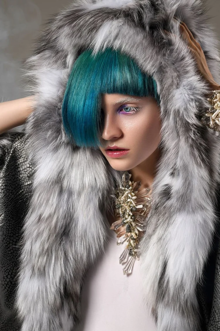 The cover look: teal bob, gray fur hood and the Andrea Li quartz cluster necklace